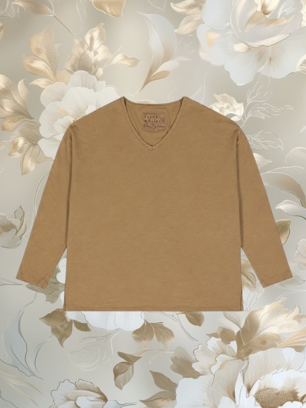 Frank & Eileen Women's Brown V-Neck Pullover Long Sleeve Top Blouse Raw Hem LG